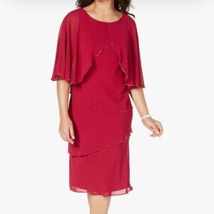 SLNY Women 4 Raspberry Pink Beaded Tiered Chiffon Capelet Lined Shift Dress NWT